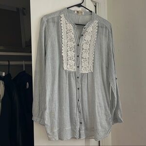 Striped Button-Up Shirt with Lace Detail